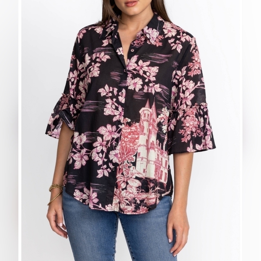 Johnny Was Womens Oversized House On The Hill Ruffle Sleeve Blouse XS Black Pink